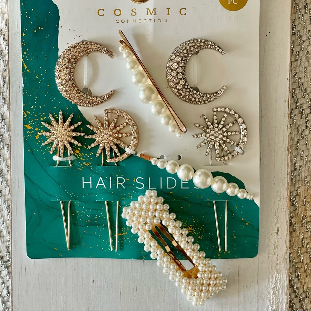 Cosmic moon hair slides & faux pearl hair accessories 8 Pc lot, rhinestones hair